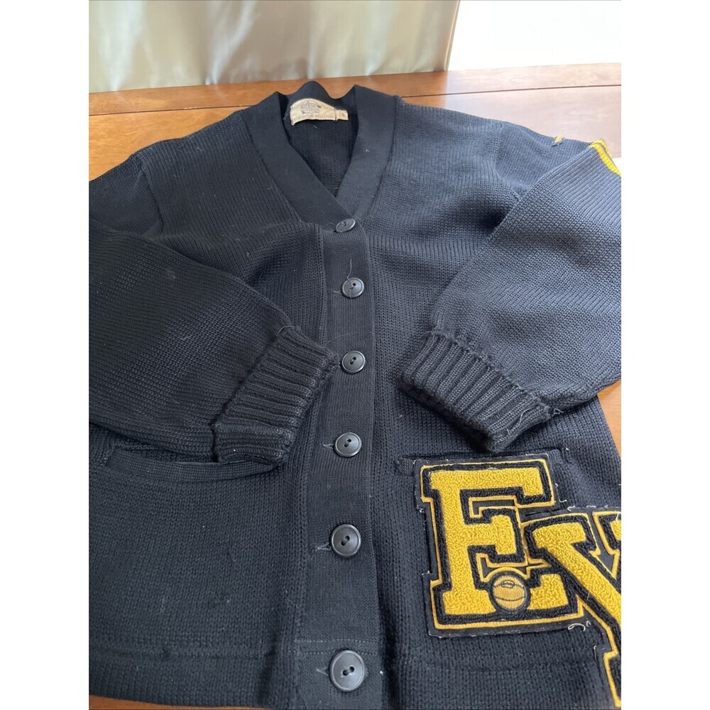 VTG New Era Letterman Cardigan Black Gold 100% Extra Virgin Wool EY Basketball